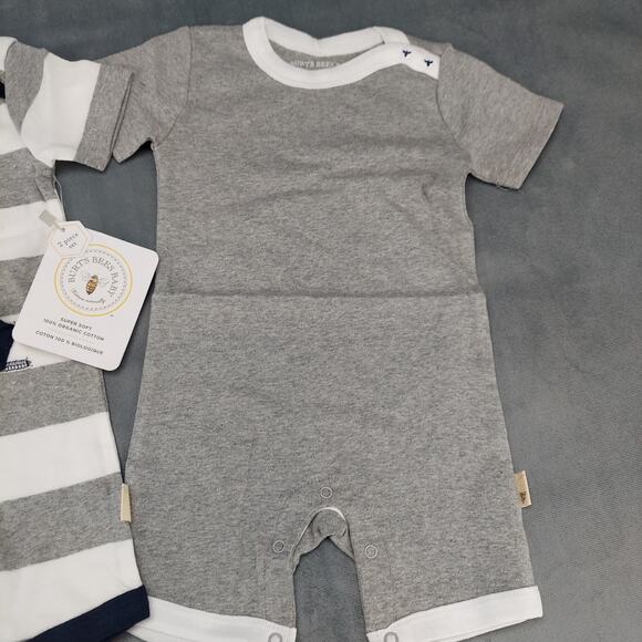 Burt's Bees Baby Boy 2 Pack Organic Cotton Romper Set Gray & Blue Stripes 6-9M - Picture 3 of 7
